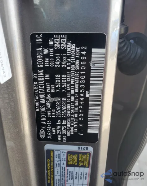 2016 Kia Sorento Ex z USA, uszkodzony, nr VIN 5XYPH4A53GG106942